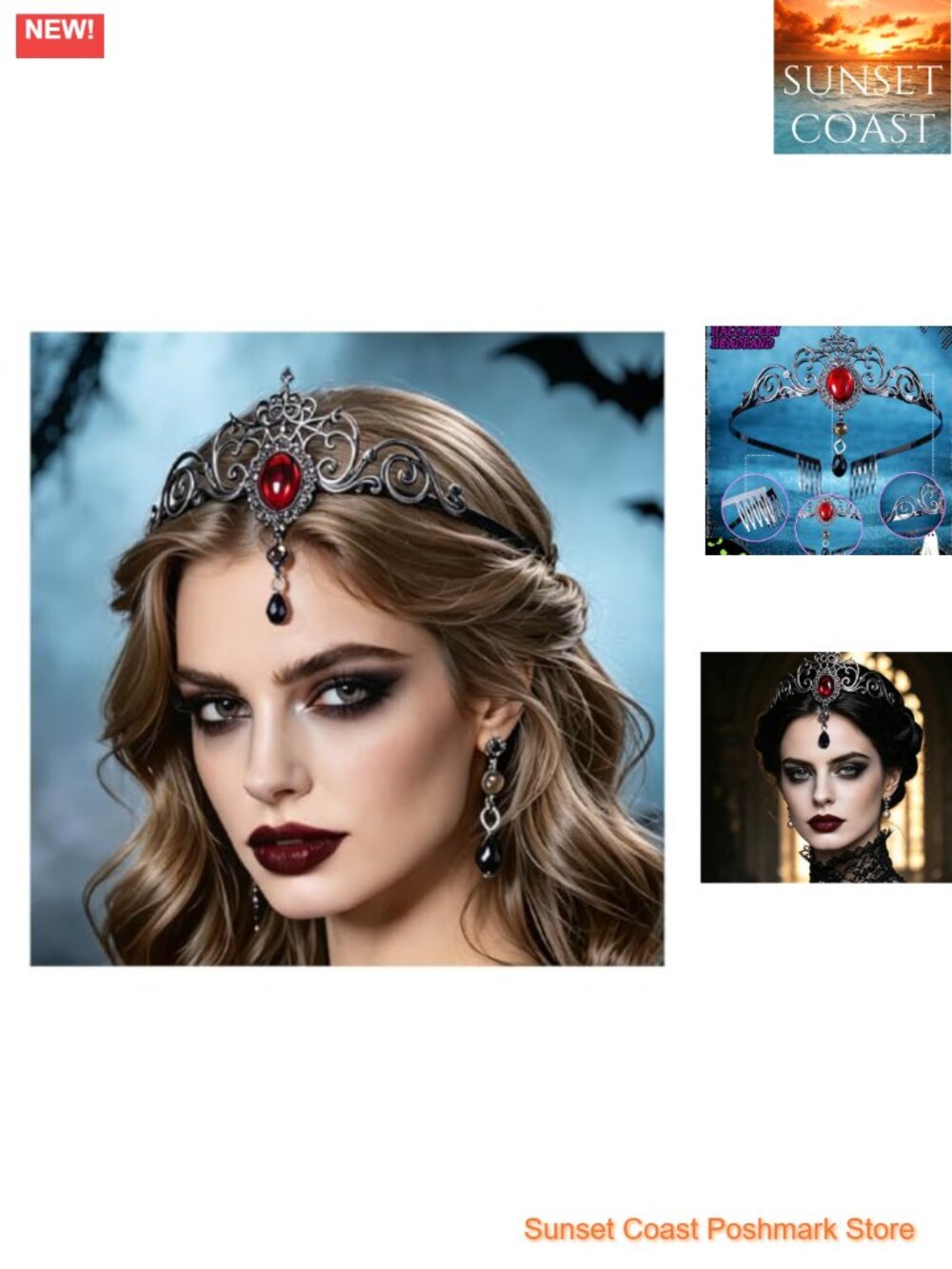 Gothic Tiara Crown Halloween Costume Hair Accessory Red Crystal